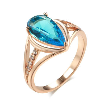 Luxury Fashion Water Drop 14K Rolled Rose Gold Blue AAA Zircon Crystals Big Ring for Women - Daily Jewellery